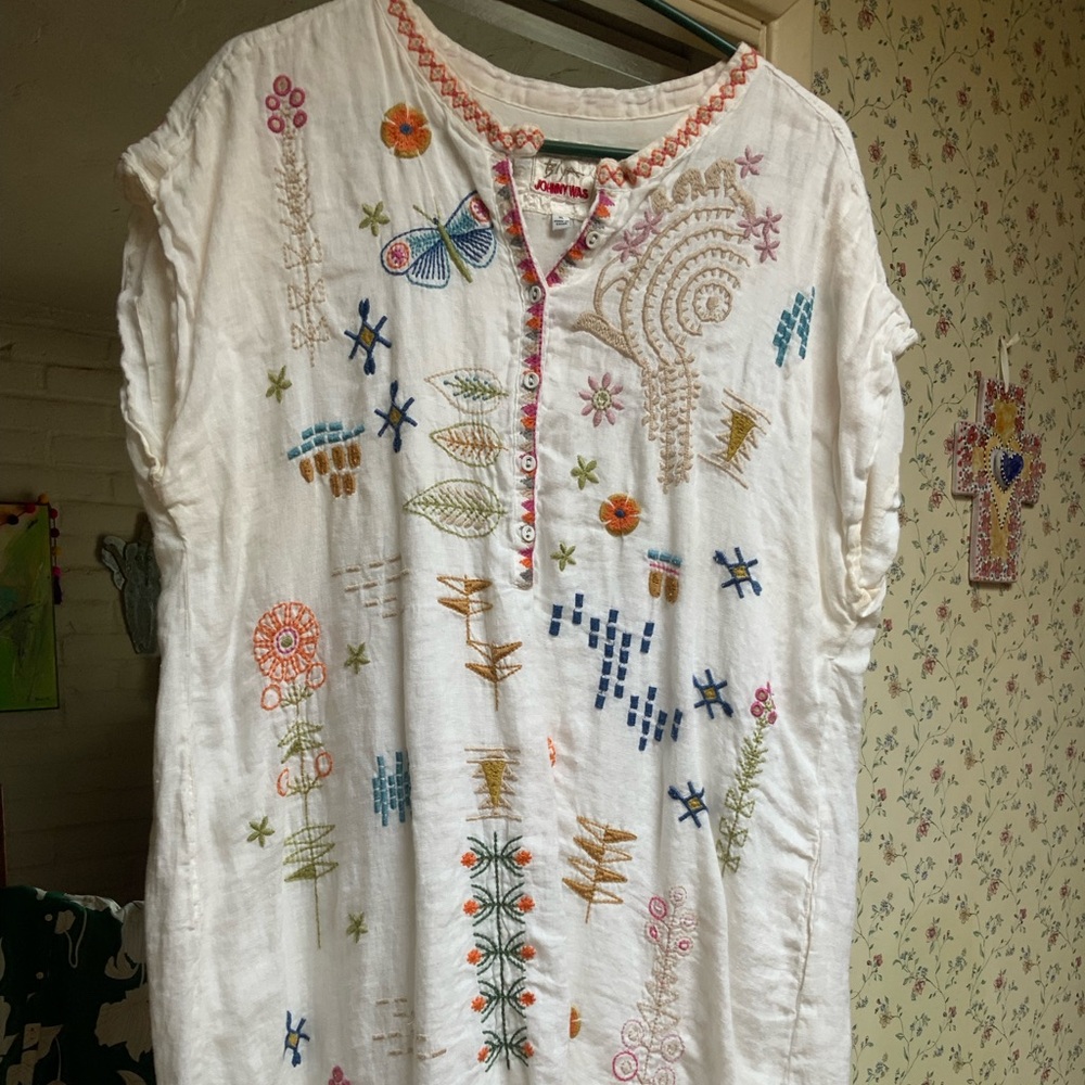 Johnny Was White Embroidered Midi Dress